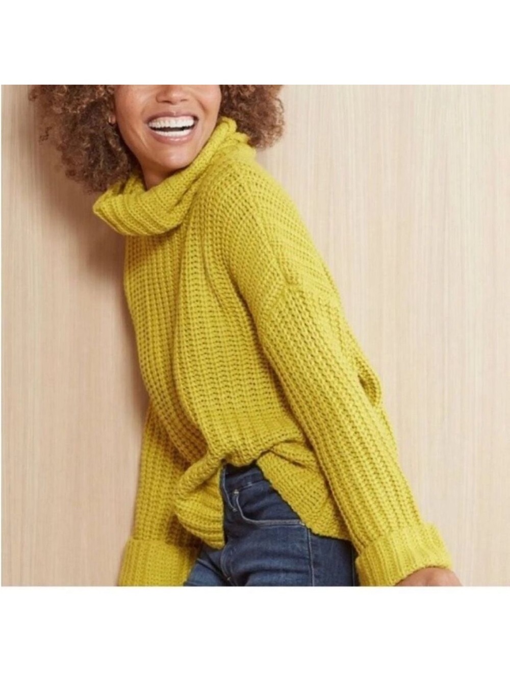 525 Mustard Yellow Cowl Neck Chunky Knit Sweater Oversized Womens XS
